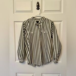 Ann Taylor Women’s Collarless Green and White Stripe Button Down Shirt - XS